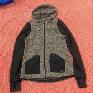 FarWest women’s size small Gray Black Hooded zip up fleece Jacket w/ thumb holes